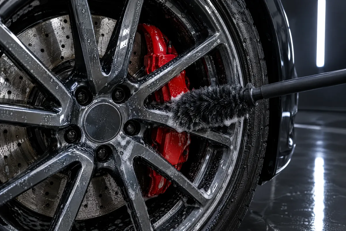 Felge und Bremssattel werden mit einer langen Bürste gereinigt