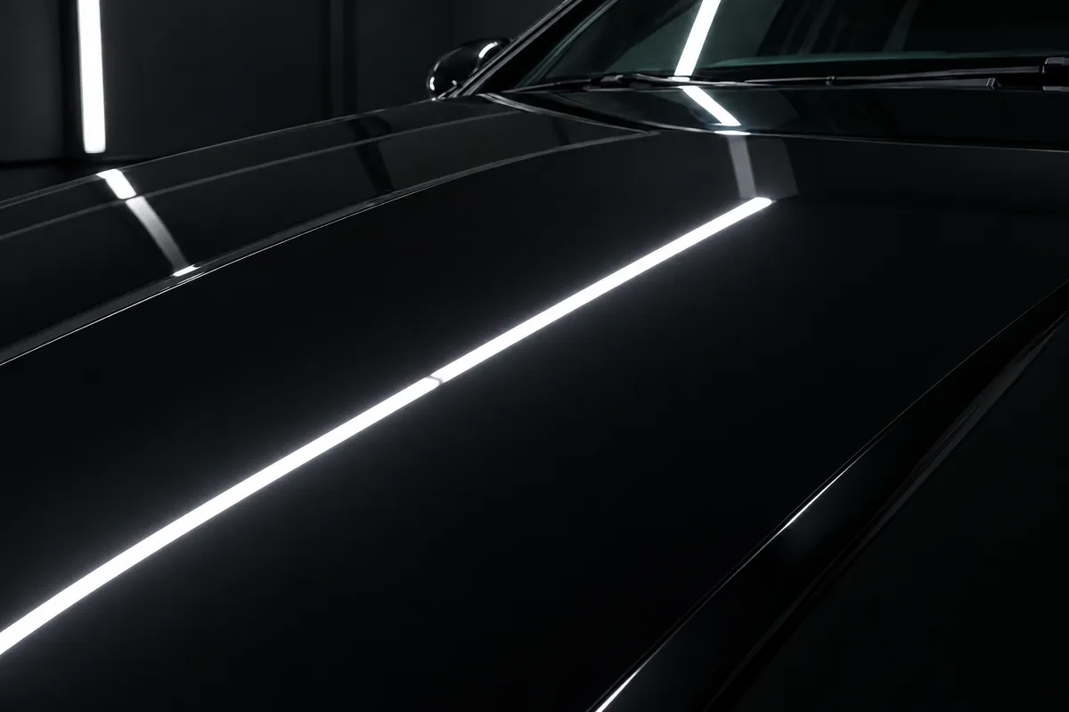 Schwarze Motorhaube nach der Politur, die Lichtleiste spiegelt sich gestochen scharf