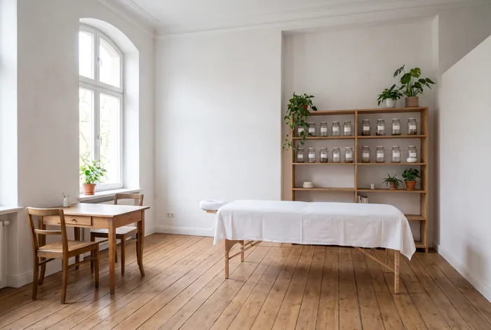 Heller Behandlungsraum der Naturheilpraxis mit Liege und Fenster