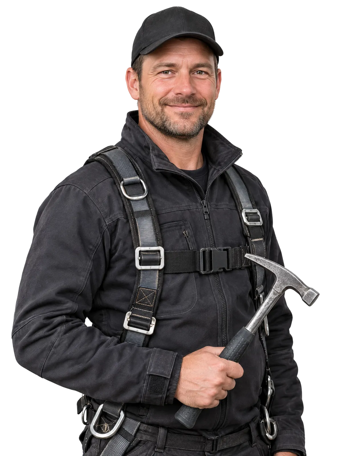 Dachdecker mit Kappe, Sicherungsgurt und Hammer