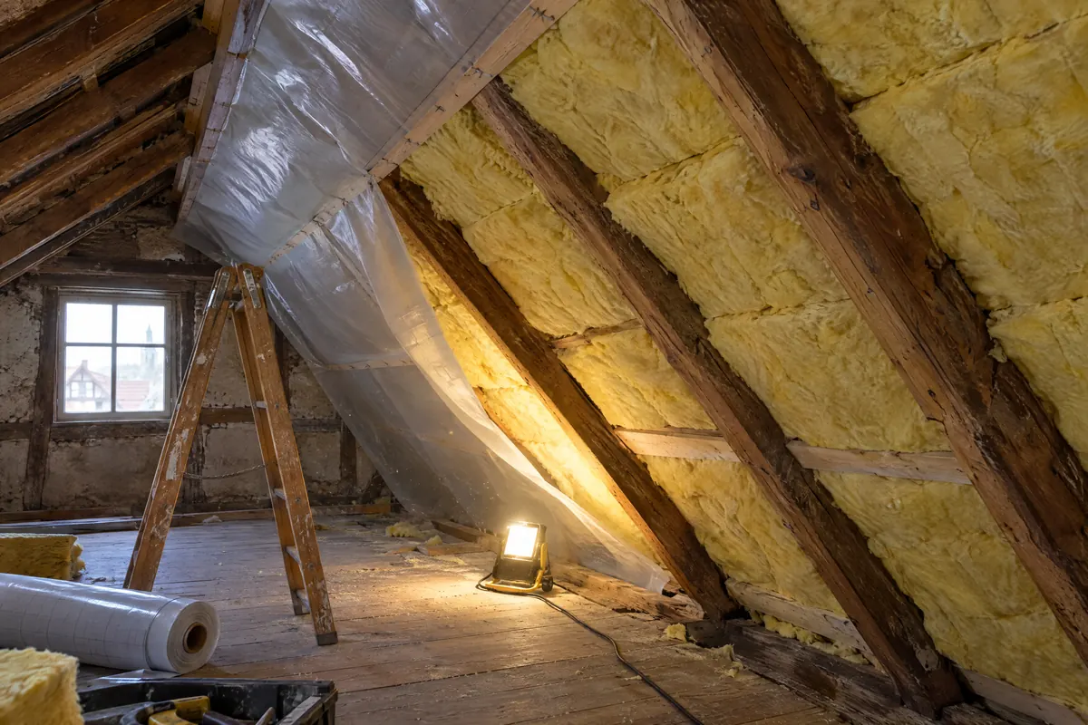 Dachboden mit Mineralwolle zwischen den Sparren