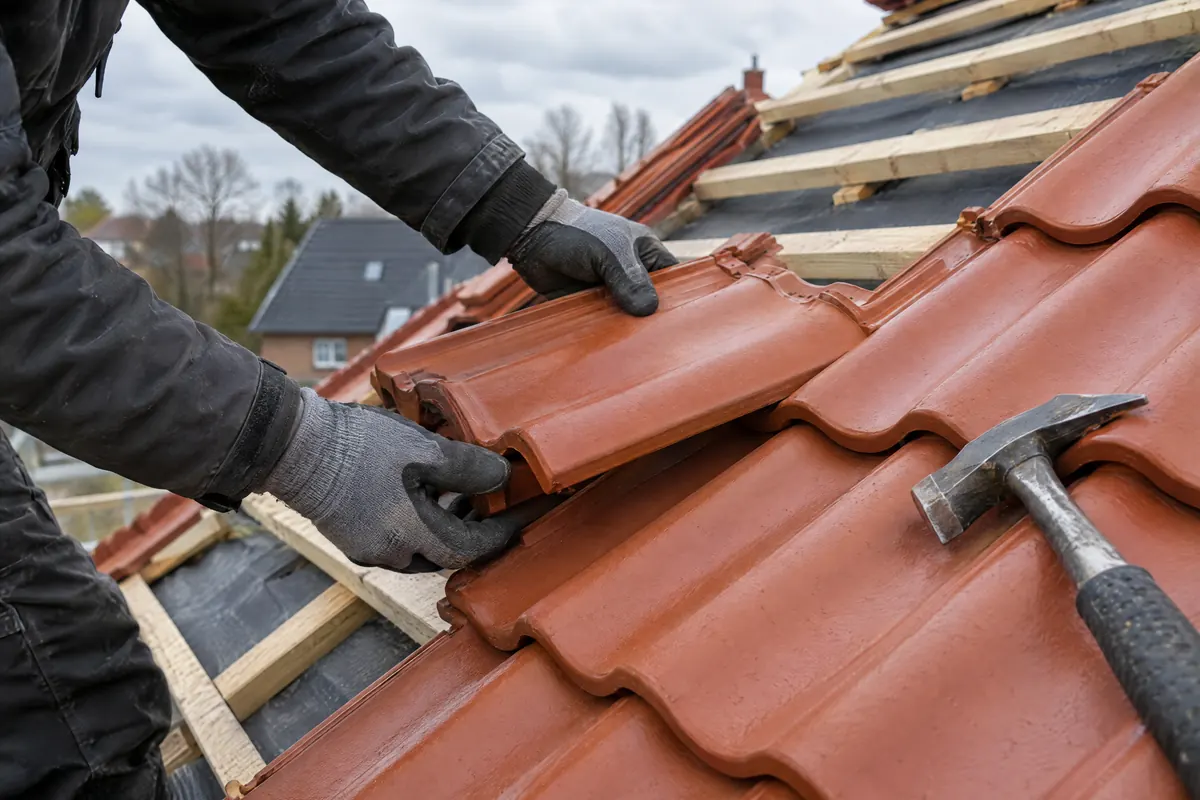 Handschuhe setzen neue rote Tonziegel auf die Dachlatten, daneben ein Dachdeckerhammer