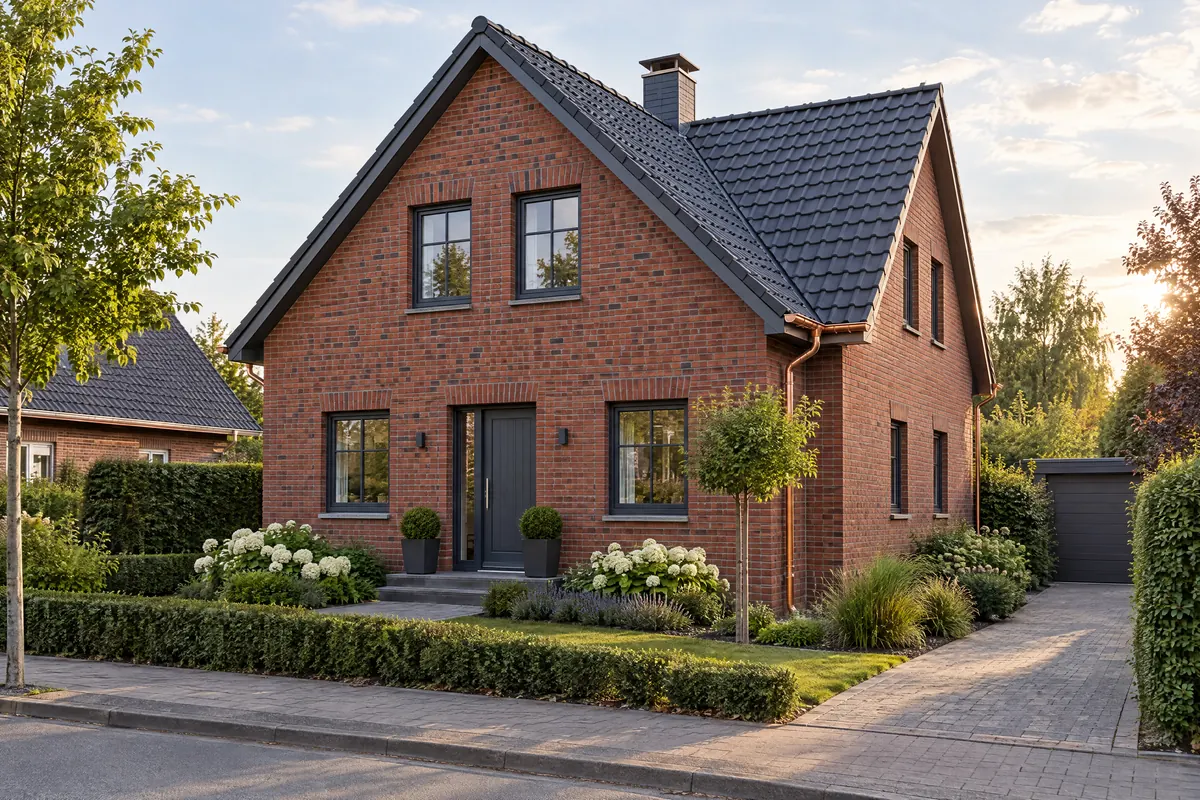 Klinkerhaus mit neuem anthrazitfarbenem Ziegeldach in der Abendsonne
