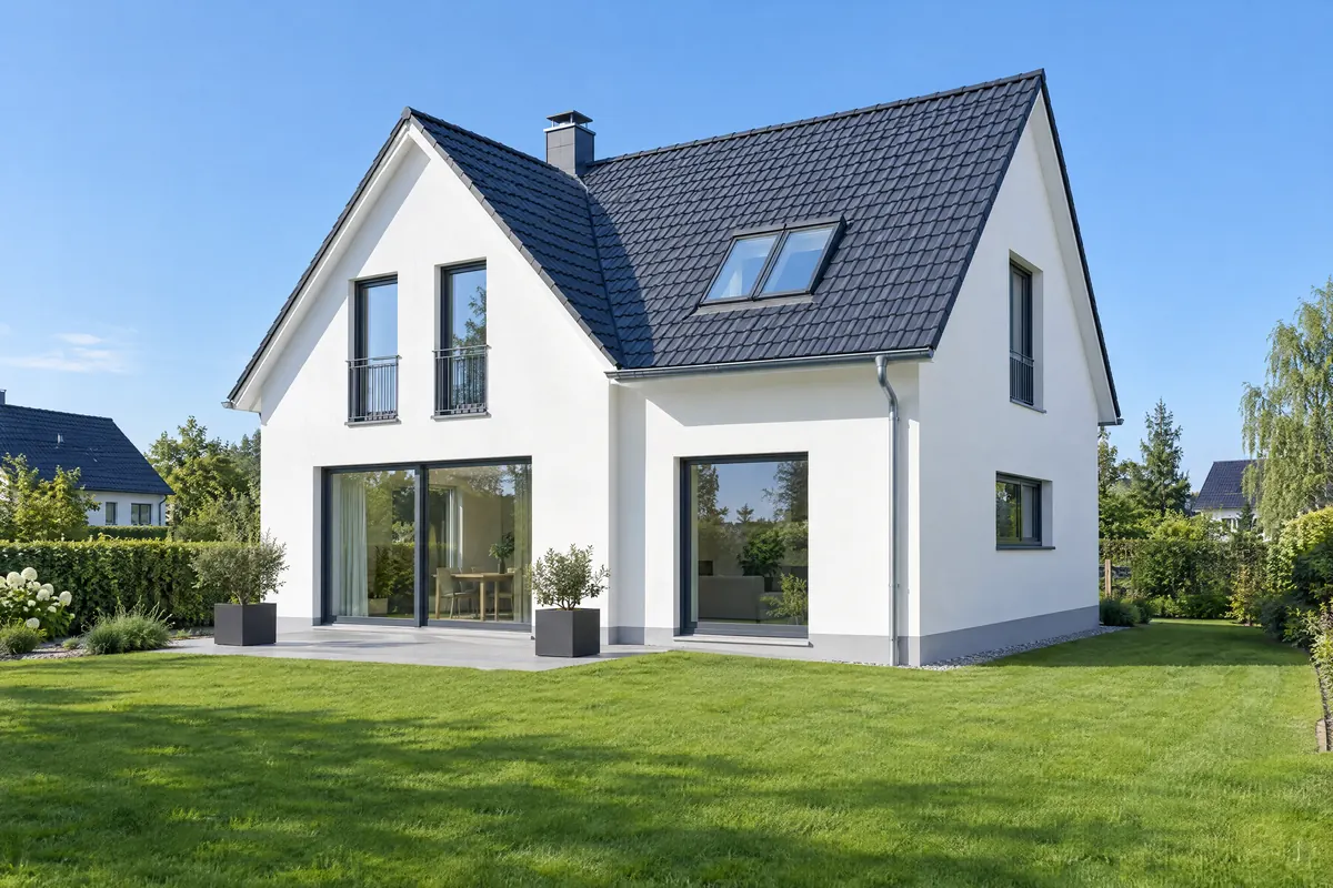 Weißes modernes Haus mit dunklem Dach und neuem Dachfenster