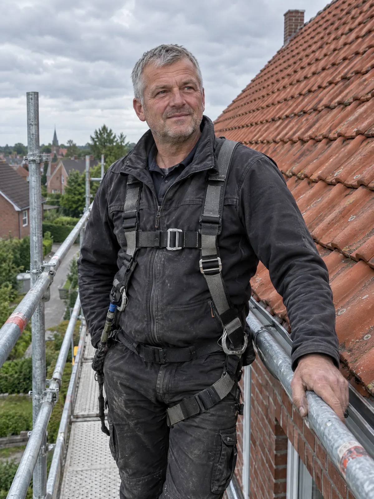 Dachdeckermeister im Sicherungsgurt auf dem Gerüst neben einem Ziegeldach