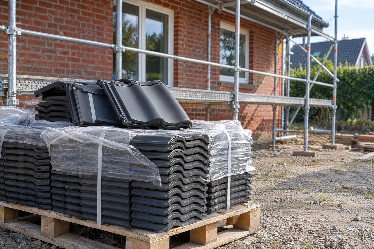 Neue anthrazitfarbene Tonziegel auf einer Palette vor dem Gerüst