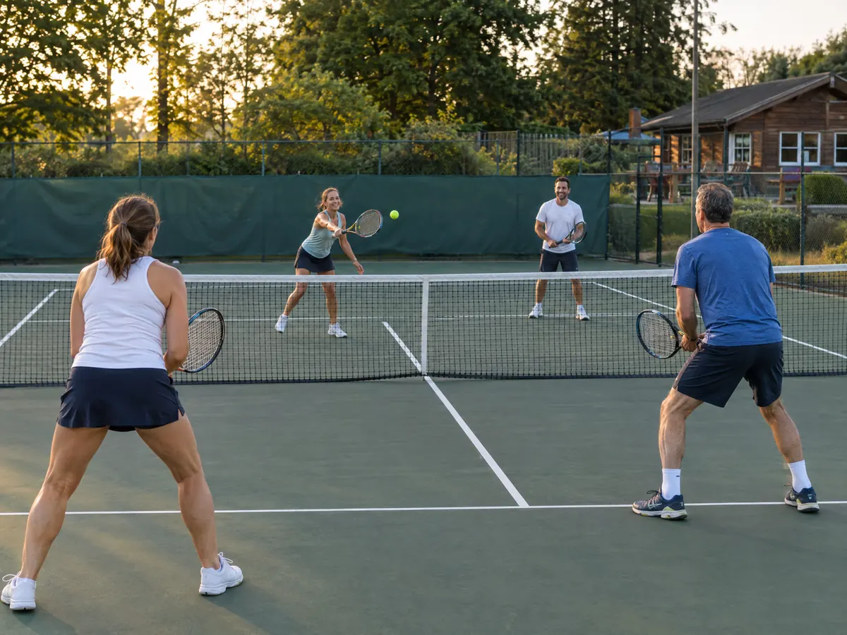 Vier Erwachsene beim Doppeltraining am Abend – KI-generiertes Demobild