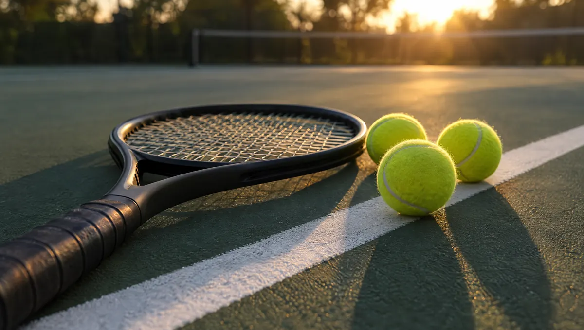 Tennisschläger und gelbe Bälle auf der Grundlinie – KI-generiertes Demobild