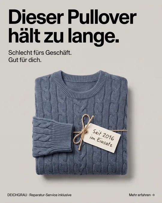 Humorvolle Anzeige: gefalteter Pullover, Überschrift „Dieser Pullover hält zu lange.“