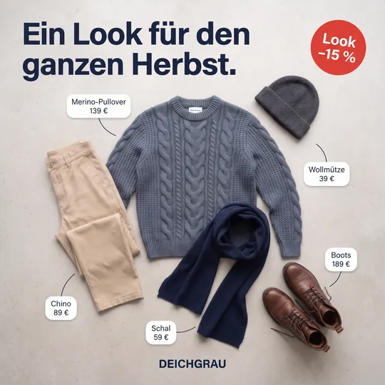 Flatlay-Anzeige mit komplettem Herbst-Outfit und Preisschildern an jedem Teil