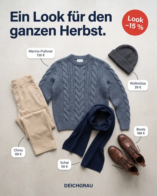 Flatlay-Anzeige mit komplettem Herbst-Outfit und Preisschildern an jedem Teil