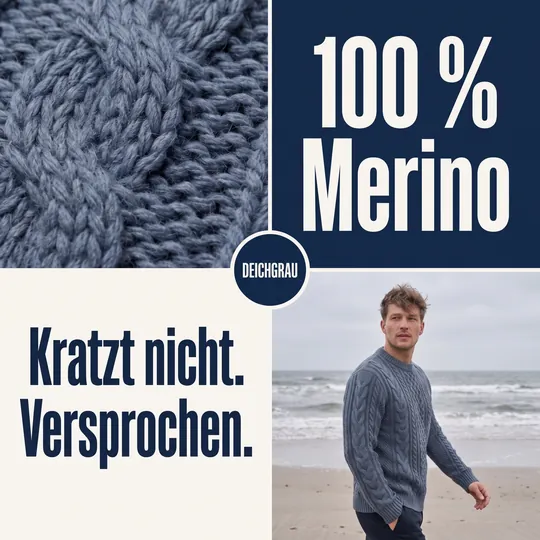 Anzeige im 2-mal-2-Raster: Strickstruktur, „100 % Merino“, „Kratzt nicht. Versprochen.“ und ein Mann im Pullover am Strand