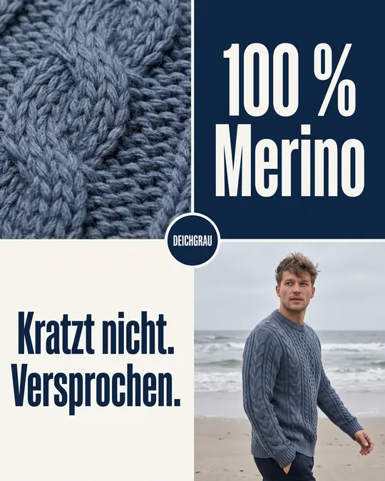 Anzeige im 2-mal-2-Raster: Strickstruktur, „100 % Merino“, „Kratzt nicht. Versprochen.“ und ein Mann im Pullover am Strand