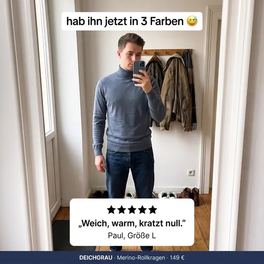 Anzeige im Look eines Kunden-Spiegelselfies im Rollkragenpullover mit Bewertung von Paul