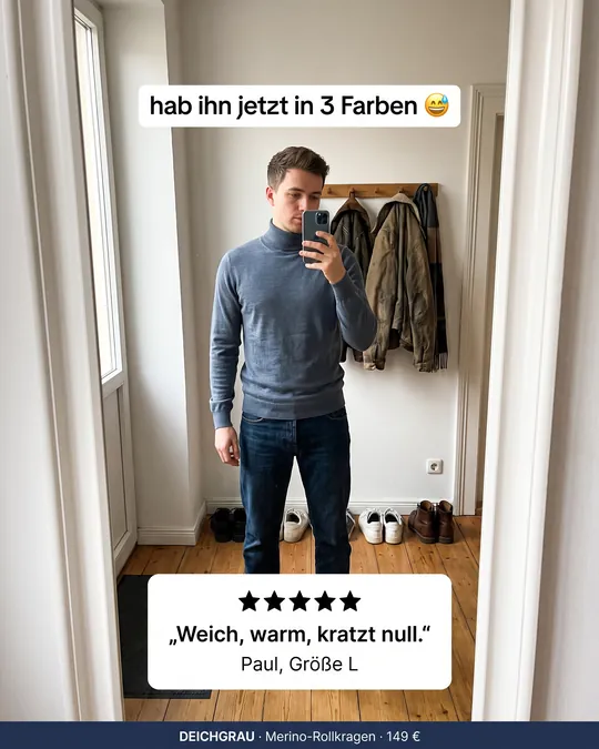 Anzeige im Look eines Kunden-Spiegelselfies im Rollkragenpullover mit Bewertung von Paul
