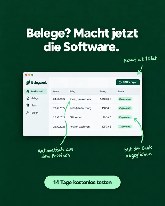 Software-Anzeige: Dashboard mit Belegliste, drei handgezeichnete Pfeile erklären Postfach-Import, Bankabgleich und DATEV-Export, erzeugt mit GPT Image 2.5