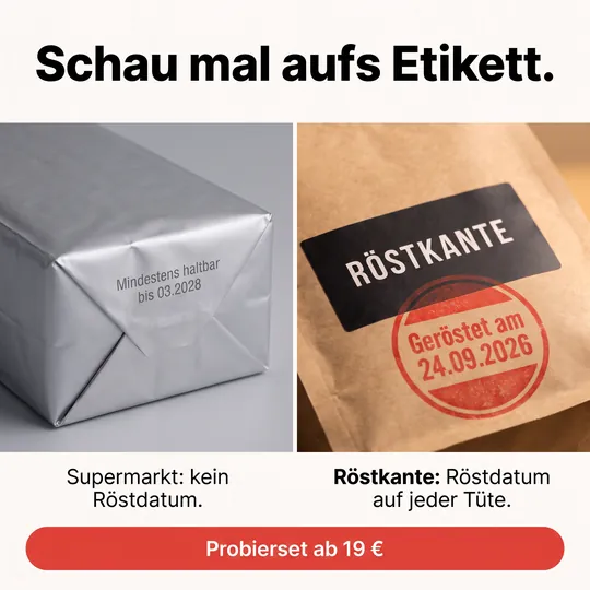 Vergleichs-Anzeige: Supermarkt-Kaffee ohne Röstdatum links, Röstkante-Tüte mit Röstdatum rechts