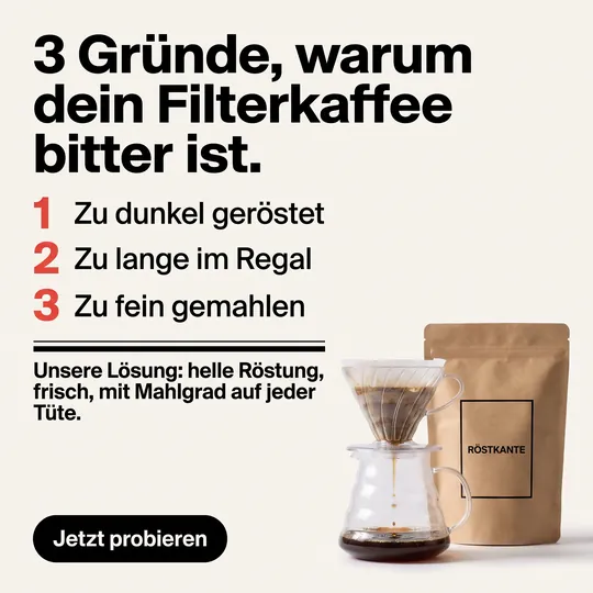 Listen-Anzeige „3 Gründe, warum dein Filterkaffee bitter ist“ mit Handfilter und Kaffeetüte