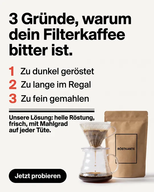 Listen-Anzeige „3 Gründe, warum dein Filterkaffee bitter ist“ mit Handfilter und Kaffeetüte