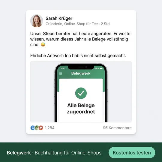 Anzeige im Look eines Business-Netzwerk-Posts einer Shop-Gründerin über ihren Steuerberater
