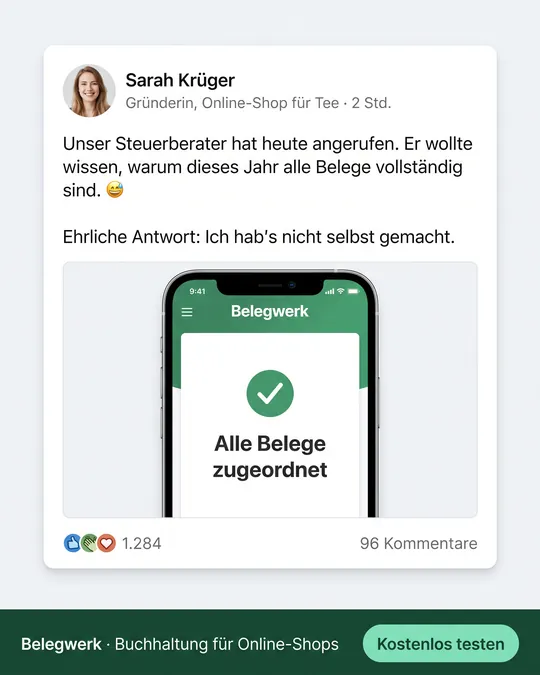Anzeige im Look eines Business-Netzwerk-Posts einer Shop-Gründerin über ihren Steuerberater