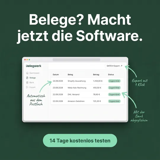 Software-Anzeige: Dashboard mit Belegliste, drei handgezeichnete Pfeile erklären Postfach-Import, Bankabgleich und DATEV-Export