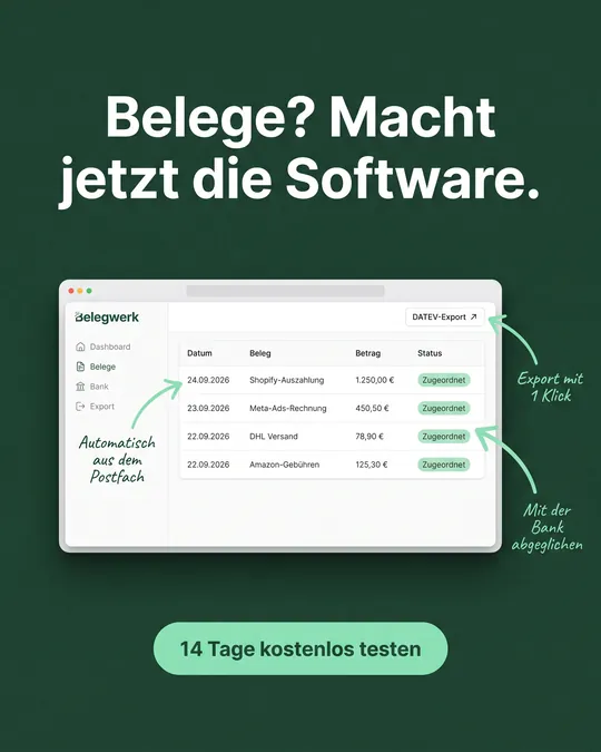 Software-Anzeige: Dashboard mit Belegliste, drei handgezeichnete Pfeile erklären Postfach-Import, Bankabgleich und DATEV-Export
