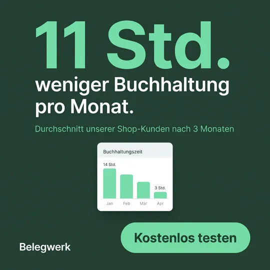 Anzeige auf Dunkelgrün mit großer Zahl „11 Std.“ weniger Buchhaltung pro Monat und kleinem Diagramm