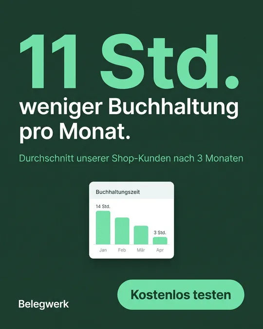 Anzeige auf Dunkelgrün mit großer Zahl „11 Std.“ weniger Buchhaltung pro Monat und kleinem Diagramm