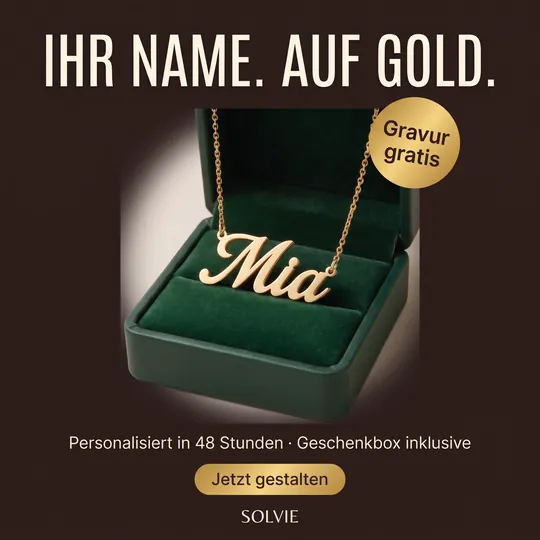 Anzeige mit goldener Namenskette „Mia“ in Geschenkbox und Sticker „Gravur gratis“