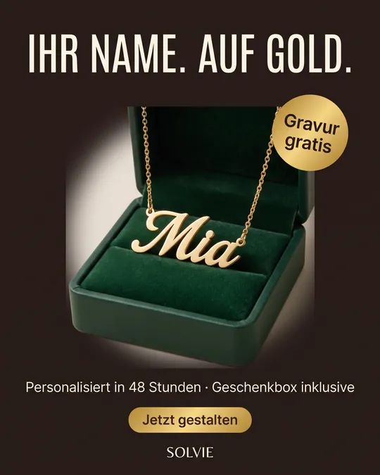 Fertige Anzeige: goldene Namenskette Mia in grüner Geschenkbox, Überschrift Ihr Name. Auf Gold. und Sticker Gravur gratis