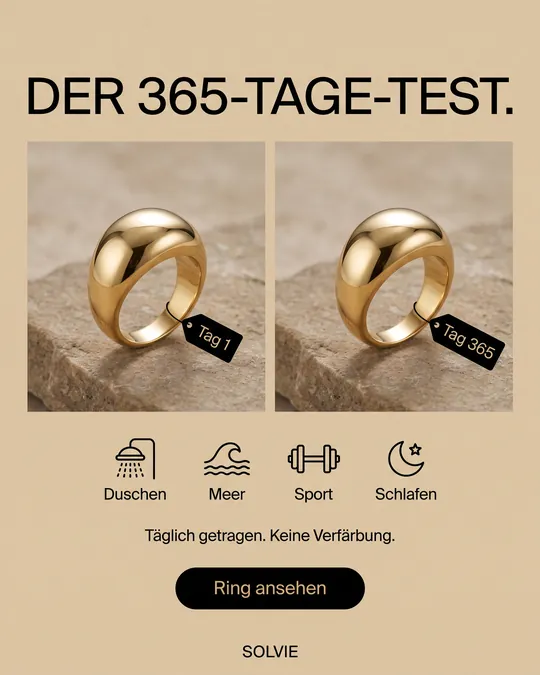 Anzeige „Der 365-Tage-Test“: derselbe goldene Ring an Tag 1 und Tag 365 nebeneinander