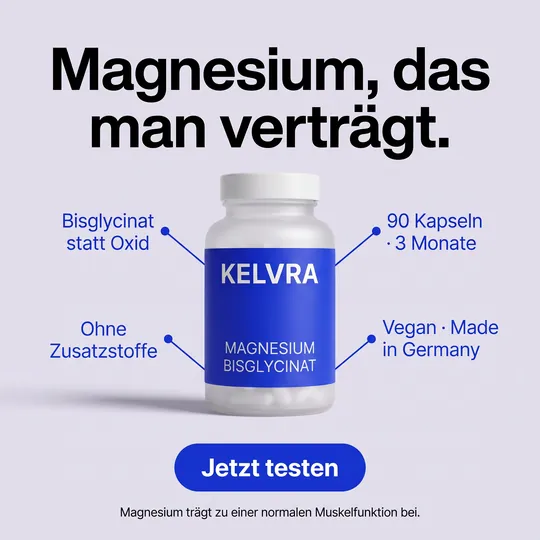 Anzeige für Magnesium-Kapseln der erfundenen Marke Kelvra: Dose in der Mitte, vier Vorteile mit Linien markiert, Überschrift „Magnesium, das man verträgt.“