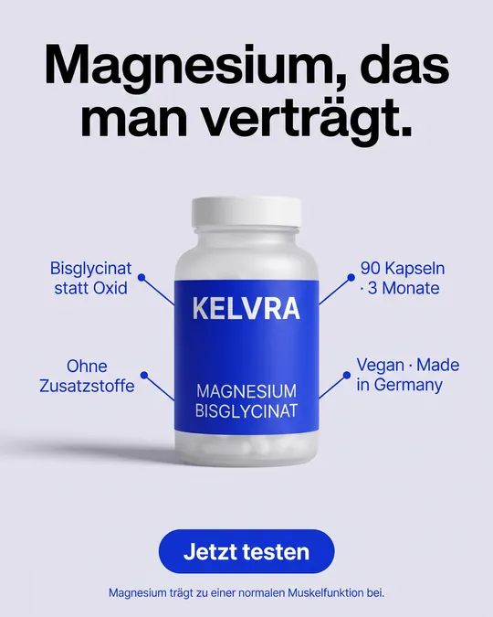 Fertige Anzeige: Magnesium-Dose der erfundenen Marke Kelvra mit vier Callouts und Überschrift Magnesium, das man verträgt