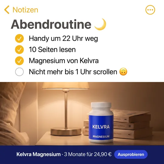 Anzeige im Look einer Handy-Notiz „Abendroutine“ mit Checkliste, darunter die Magnesium-Dose auf dem Nachttisch