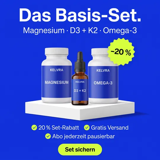 Angebots-Anzeige auf Kobaltblau: drei Produkte als Basis-Set mit Sticker minus 20 Prozent und drei Vorteilen