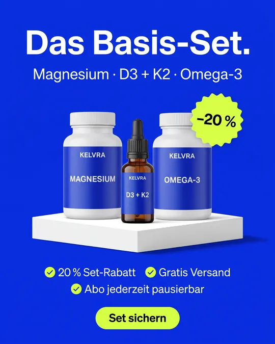 Angebots-Anzeige auf Kobaltblau: drei Produkte als Basis-Set mit Sticker minus 20 Prozent und drei Vorteilen