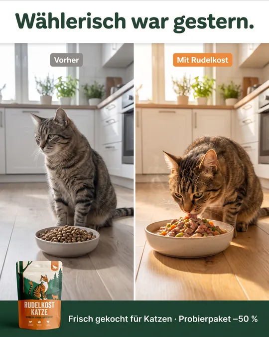 Vorher-Nachher-Anzeige: Katze wendet sich von Trockenfutter ab, rechts frisst dieselbe Katze begeistert, Überschrift „Wählerisch war gestern.“
