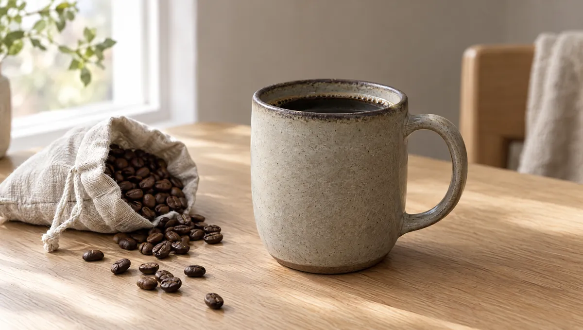 Produktfoto eines grauen Steinzeugbechers mit Kaffee auf einem Eichentisch neben einem Leinensack mit Bohnen