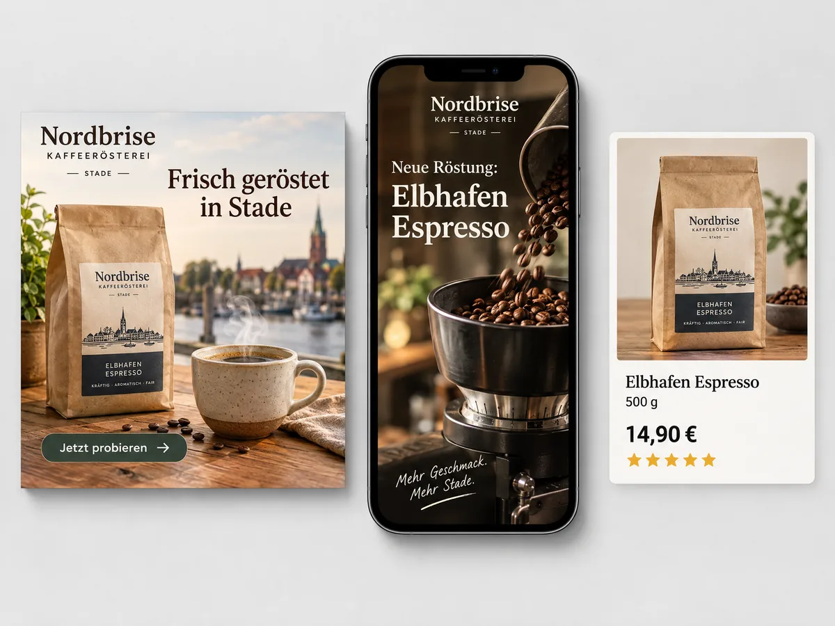 Drei Werbemittel für eine erfundene Kaffeerösterei aus Stade: Feed-Anzeige, Story auf dem Handy und Produktkarte mit Preis