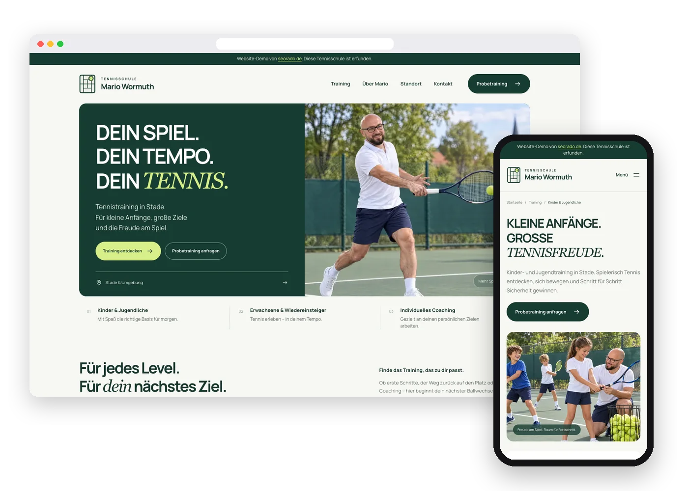 Website-Demo einer Tennisschule auf Laptop und Handy: Startseite mit Trainer und Seite zum Kindertraining