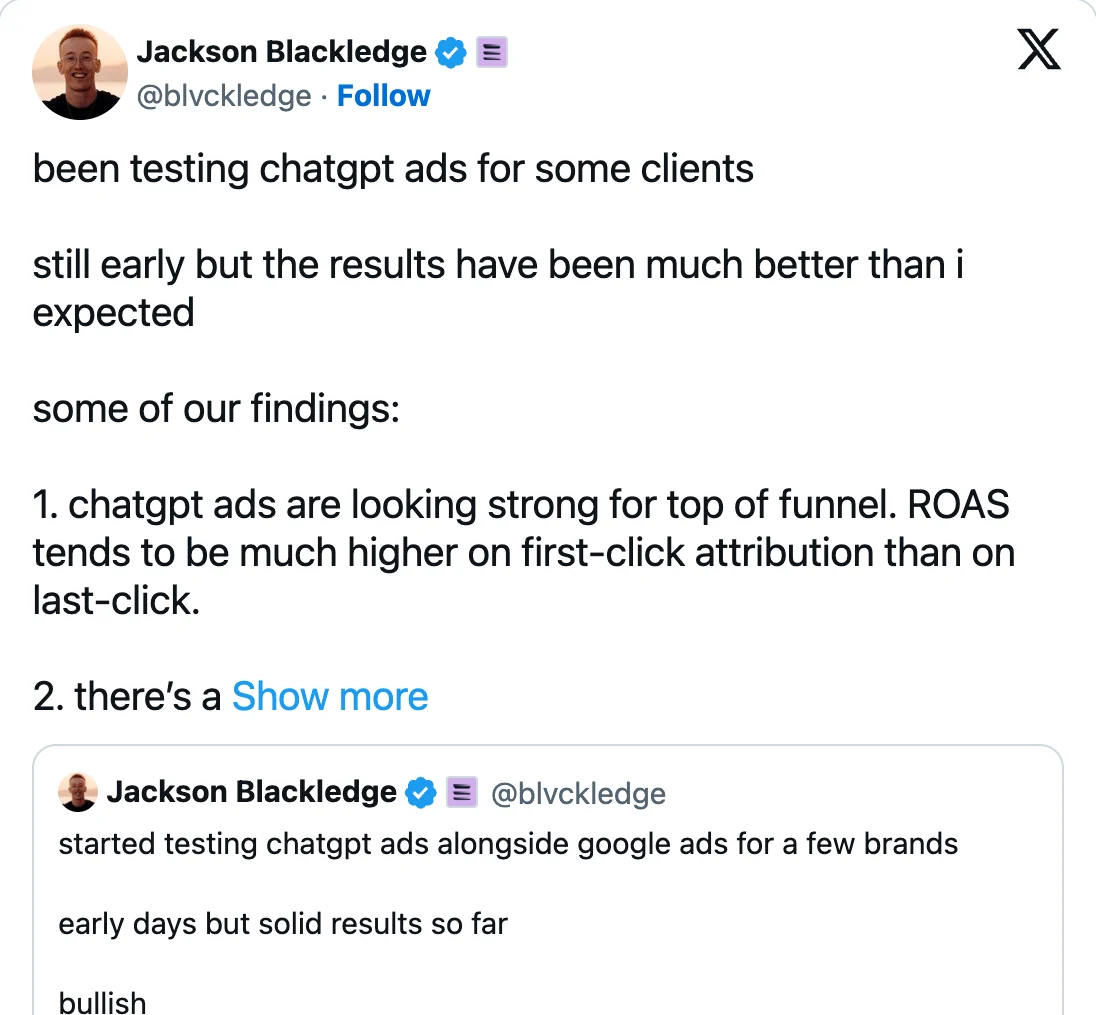 X-Beitrag von Jackson Blackledge vom 21. September 2026: been testing chatgpt ads for some clients, results much better than expected. ChatGPT Ads stark für den Anfang der Kaufentscheidung, ROAS viel höher bei First-Click als bei Last-Click, Produktfeed-Kampagnen besser als Standardkampagnen, Google-Shopping-Klickpreise als Maßstab