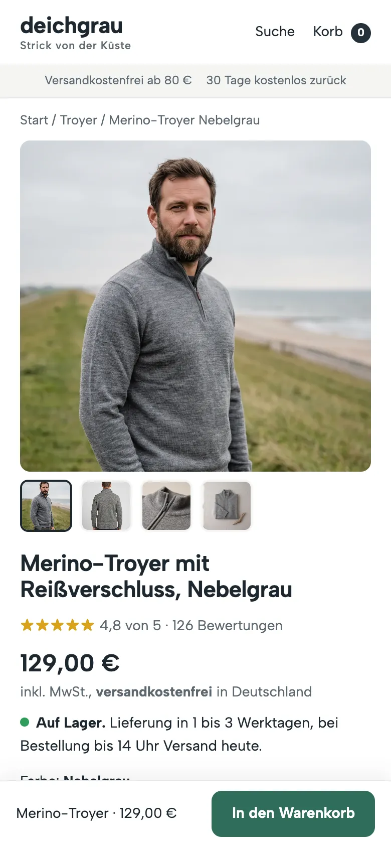 Produktseite nachher: Produktfoto, Titel, Sterne mit Anzahl, Preis mit Versandhinweis, Lieferzeit und Kaufleiste