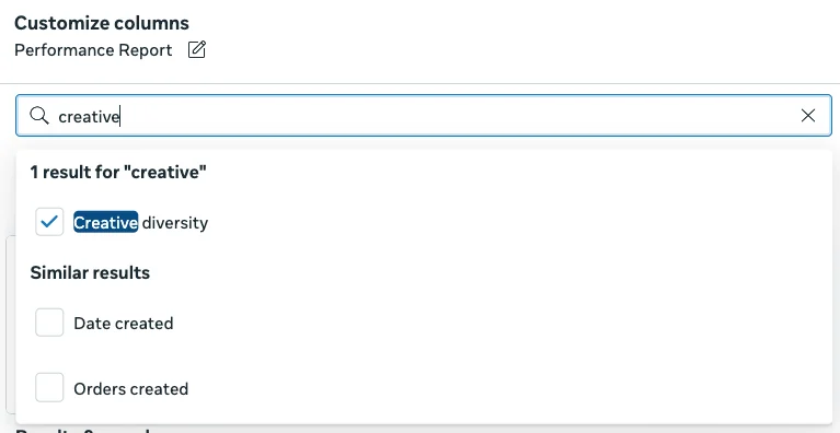 Dialog Spalten anpassen im Meta-Werbeanzeigenmanager: Suche nach creative, als einziger Treffer ist Creative diversity angehakt