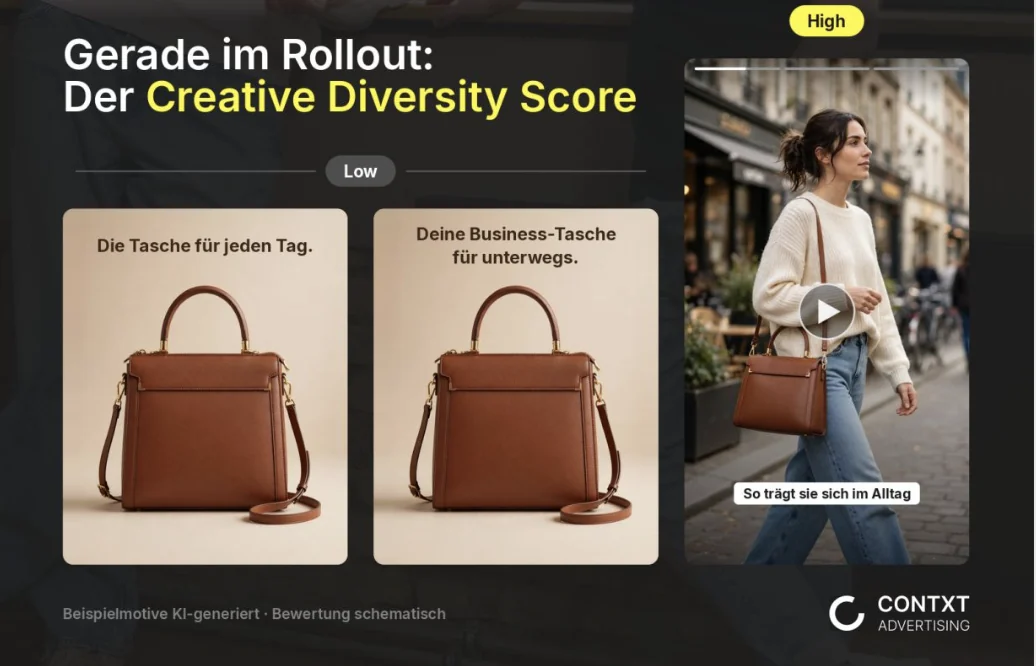 Grafik von CONTXT Advertising: Gerade im Rollout, der Creative Diversity Score. Zweimal dieselbe braune Tasche vor beigem Hintergrund, einmal mit Die Tasche für jeden Tag, einmal mit Deine Business-Tasche für unterwegs, gemeinsam markiert als Low. Daneben ein Video, in dem eine Frau die Tasche auf der Straße trägt, markiert als High