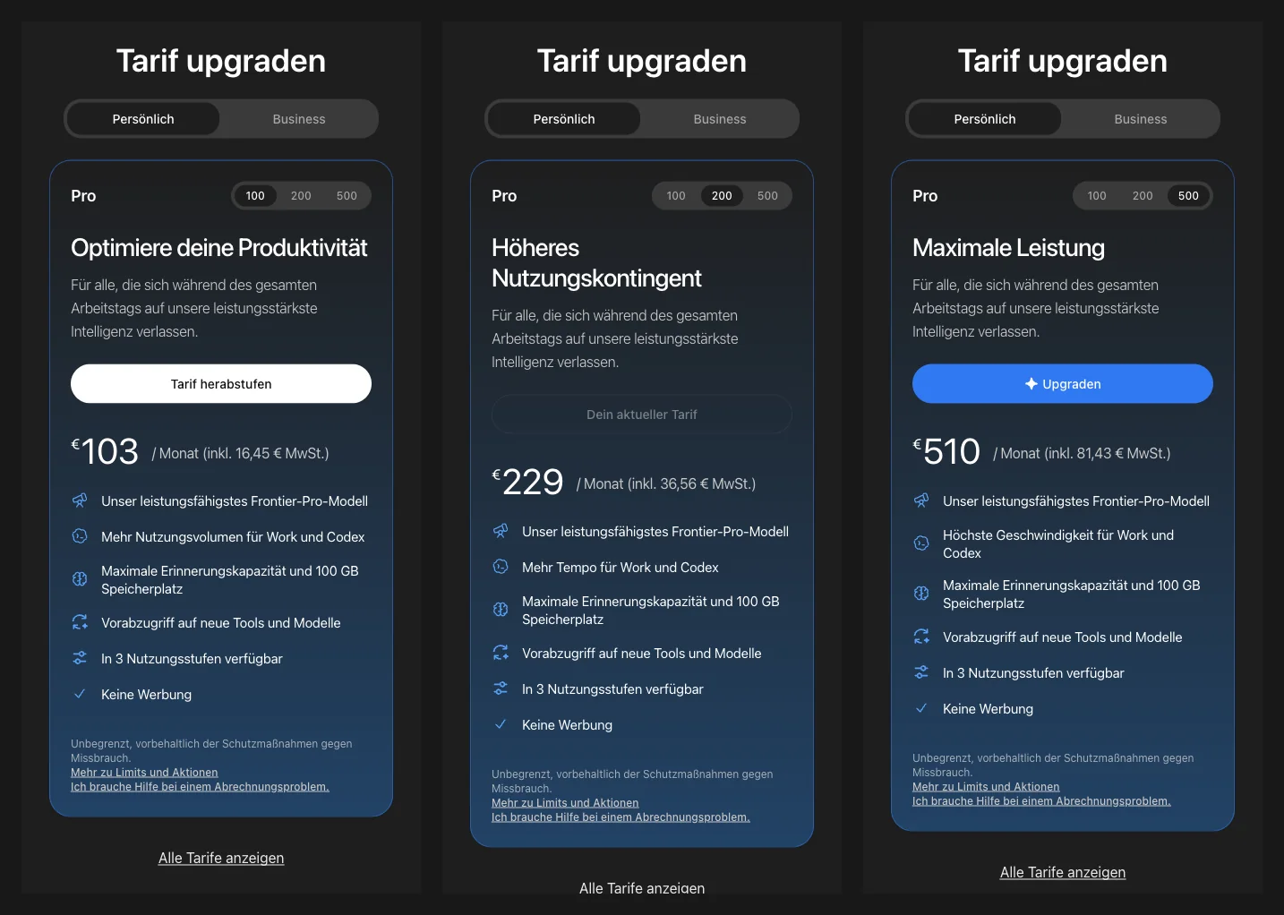 Drei Ansichten des Tarifdialogs von ChatGPT in Deutschland: Pro 100 für 103 Euro, Pro 200 für 229 Euro und Pro 500 für 510 Euro im Monat, jeweils inklusive Mehrwertsteuer