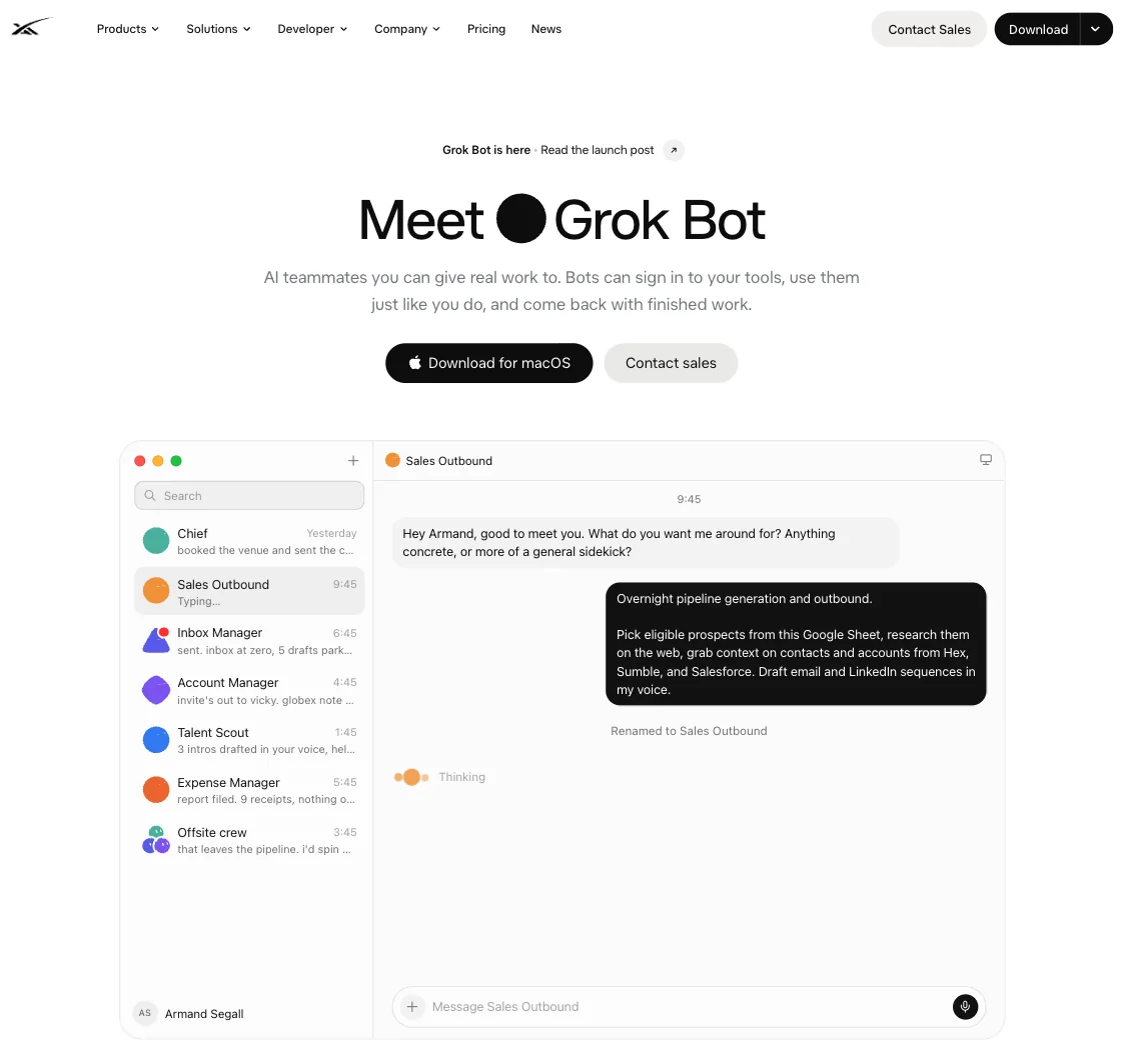 Die Seite x.ai/bot, auf die dot.com weiterleitet: Meet Grok Bot, AI teammates you can give real work to, darunter eine App mit mehreren Bots wie Chief, Sales Outbound, Inbox Manager und Expense Manager