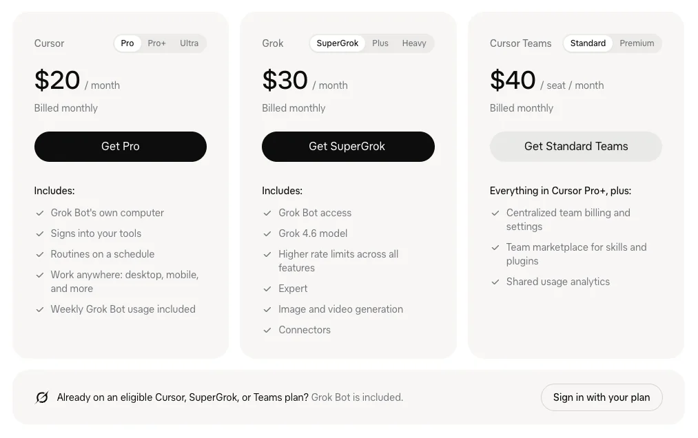 Preise von Grok Bot auf x.ai: Cursor Pro 20 Dollar pro Monat, SuperGrok 30 Dollar pro Monat, Cursor Teams Standard 40 Dollar pro Platz und Monat, Grok Bot ist jeweils enthalten