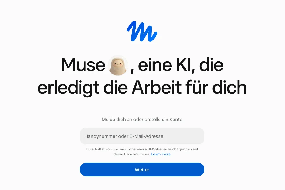 Startseite von muse.ai aus Deutschland aufgerufen: Muse, eine KI, die erledigt die Arbeit für dich, darunter das Feld für Handynummer oder E-Mail-Adresse