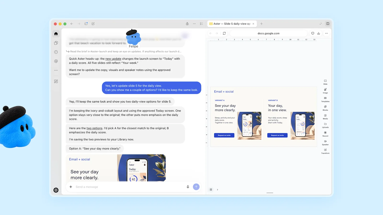 Beispielbild von OpenAI: Der blaue Dot Felipe meldet im Chat, dass ein Update den Startbildschirm ändert, und legt rechts in Google Docs zwei Varianten für Folie 5 einer Produkteinführung vor